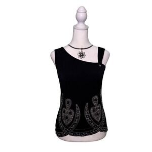 Vintage Y2K Decaf Black Glitter Asymmetrical Tank Top USA Made Sleeveless Medium